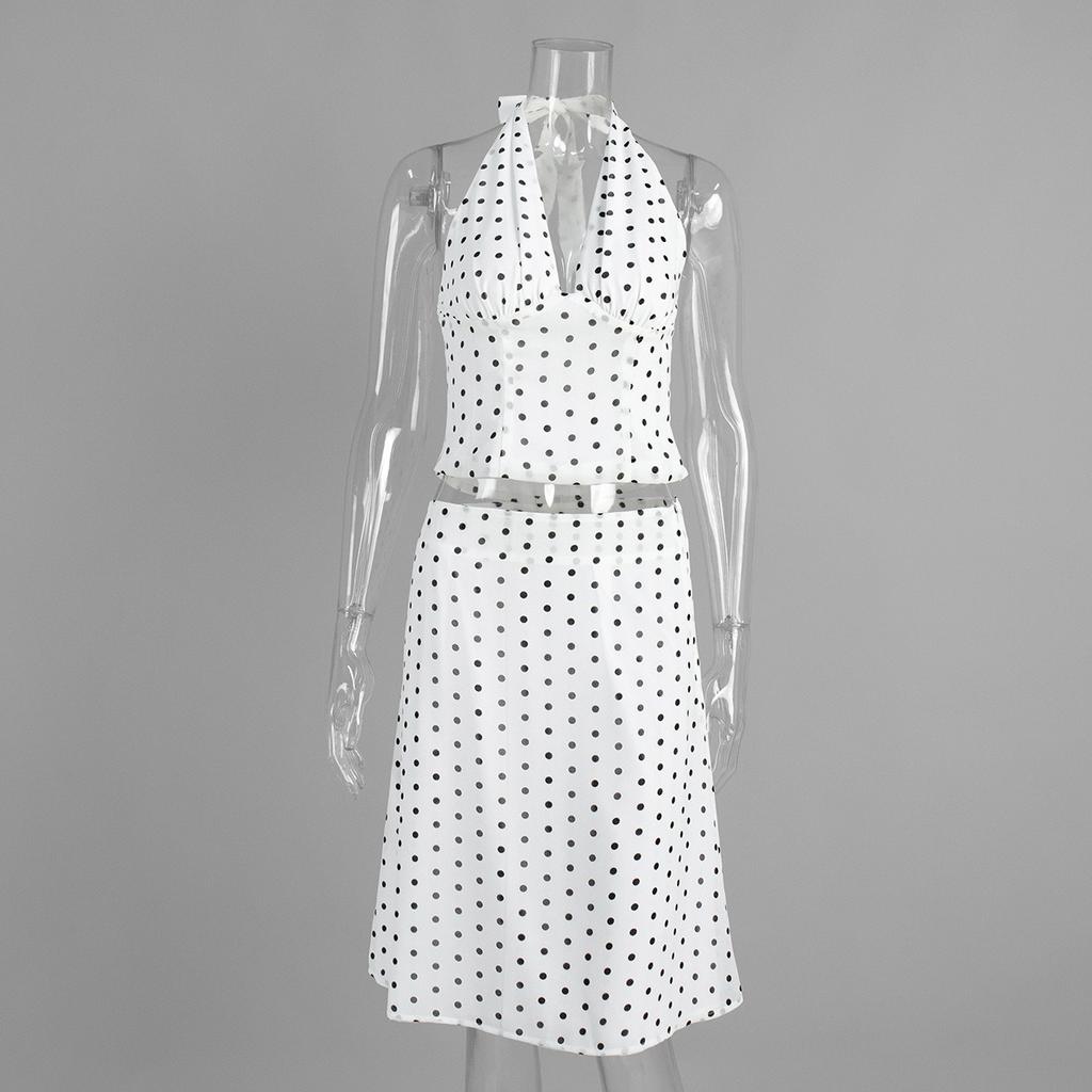 Summer Polka Dot Matching Set Sexy Tie-front Halter Top Low-waist Midi Skirt Y2K Hot Girl Outfit For Women