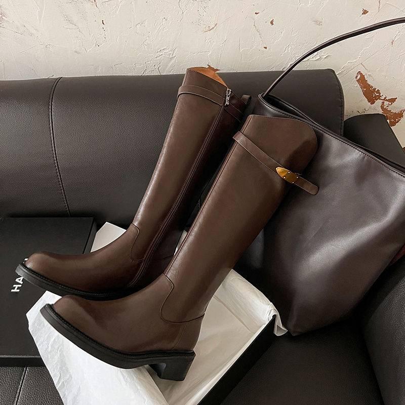 Autumn and winter platform knight boots women's medium heel round head versatile leather high boots new rubber sole large size women's boots