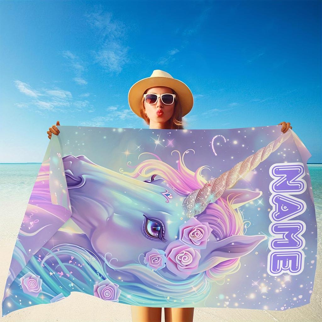 Custom Unicorn Beach Towel Personalized Name Fantasy Rose Microfiber Bath Towels Soft Quick Dry Swimming Pool Lounger All Season