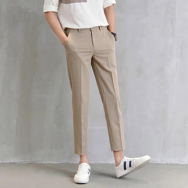 

Summer Slim Fit Men s Western Nine-Point Trousers - Korean Style Casual Draping Suit Pants 28 хакі