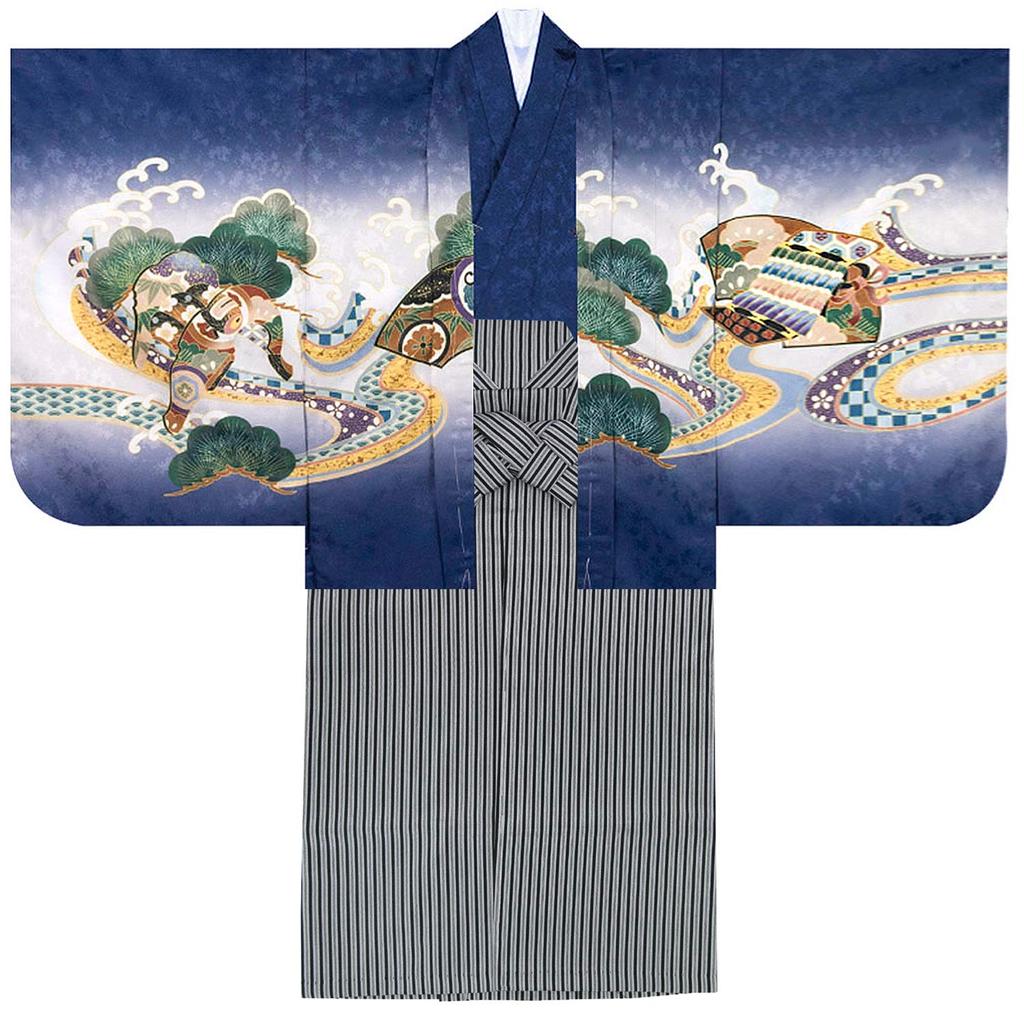 Haori and Hakama Set for Age Auspicious Full Set Striped Black Folding Haori 2 Waist Boys Kabuto Black [KYOETSU] Shichigosan, 5, Eba, Pattern,