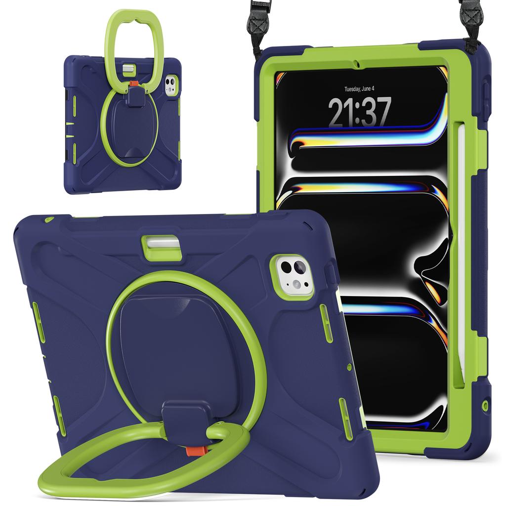 For iPad Pro 11 (2024) Case Kickstand PC+Silicone Tablet Cover with Shoulder Strap