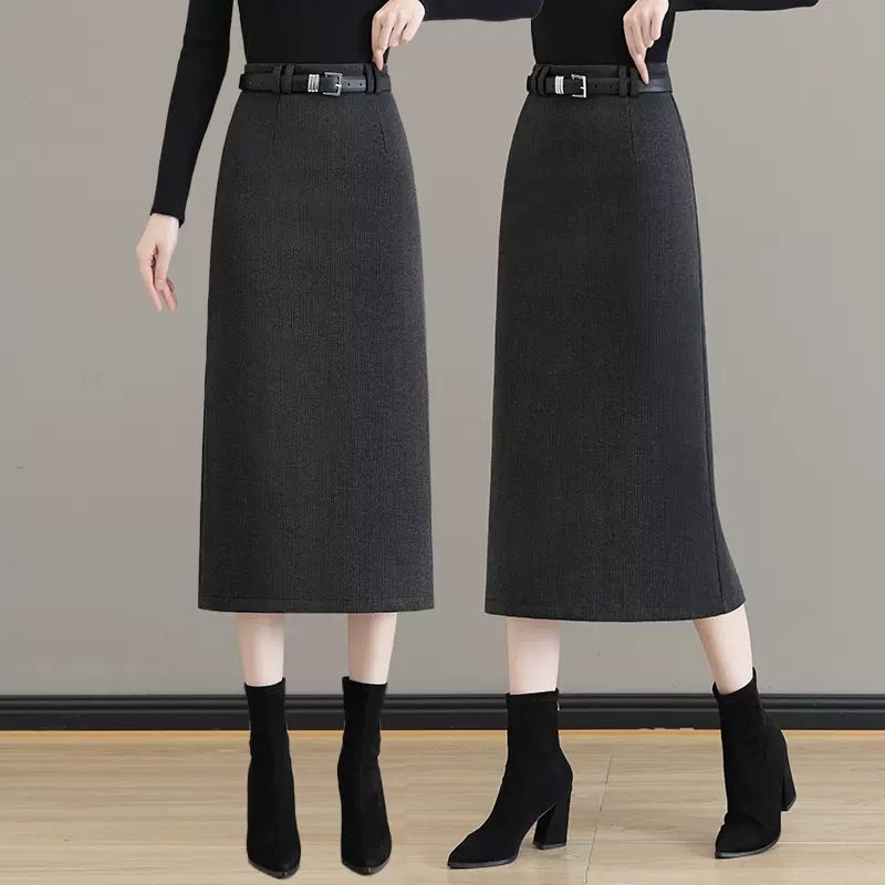 

Вовняна спідниця жіноча осінь зима новий стиль висока талія вузька середньої довжини спідниця, що прикриває стегна пряма спідниця-олівець S сірий колір