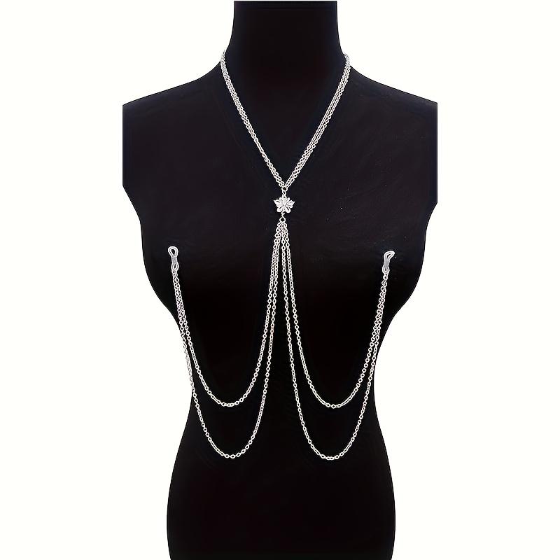 A Silvery Stainless Steel Body Chain With A Sexy Nipple Ring And Chain, A Fake Nipple Ring, Ladies' Jewelry.