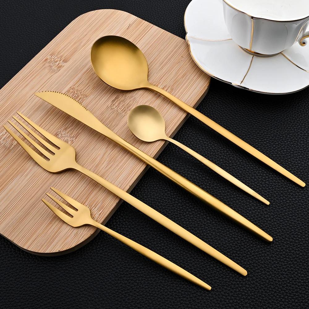 30Pcs Dinnerware Set Stainless Steel Flatware Matte Gold Cutlery Set Cake Fruit Fork Kitchen Knife Fork Spoon Tableware Set