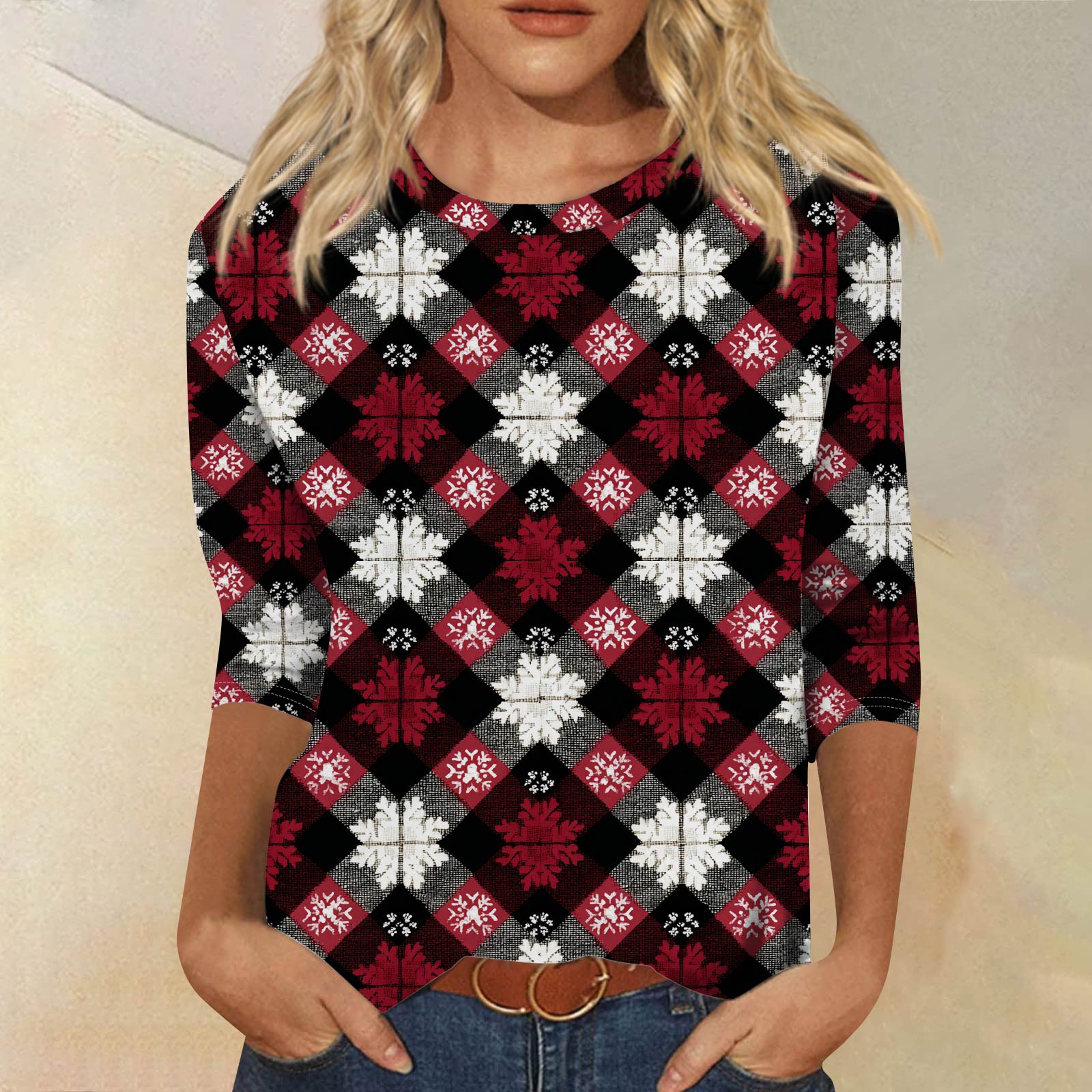 

Women s Fashionable Casual Three-Quarter Sleeve Halloween Print Round Neck Top L чорний