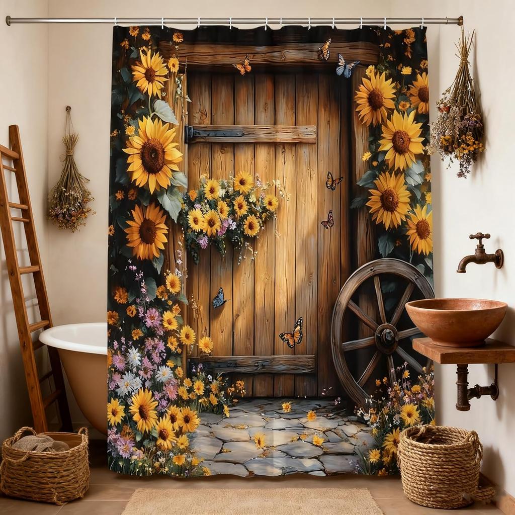Rustic Barn Door Shower Curtain Autumn Sunflower Floral Farmhouse Vintage Western Brown Wooden Board Yellow Flower Butterfly