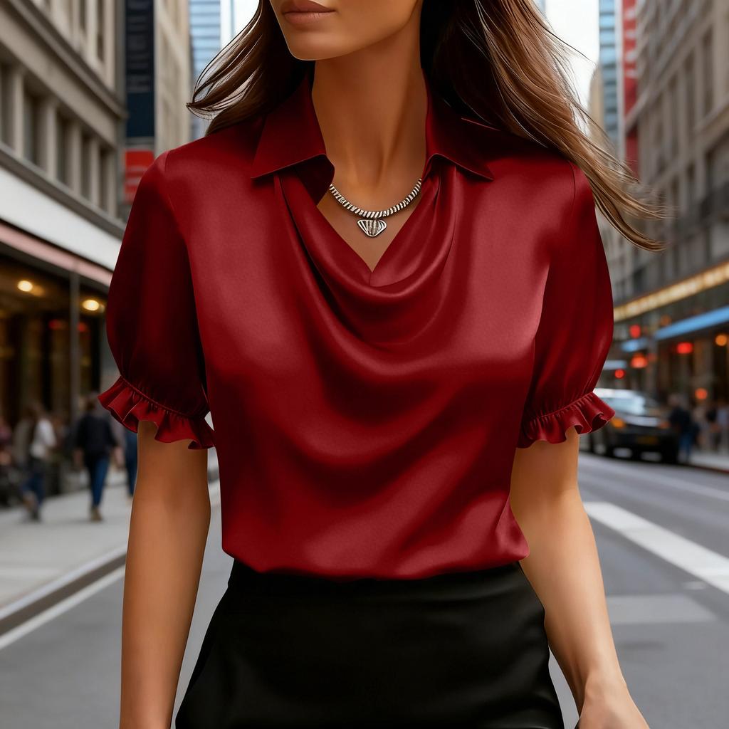 Women's Fashionable Lapel Short Sleeved Temperament Pullover Shirt Top