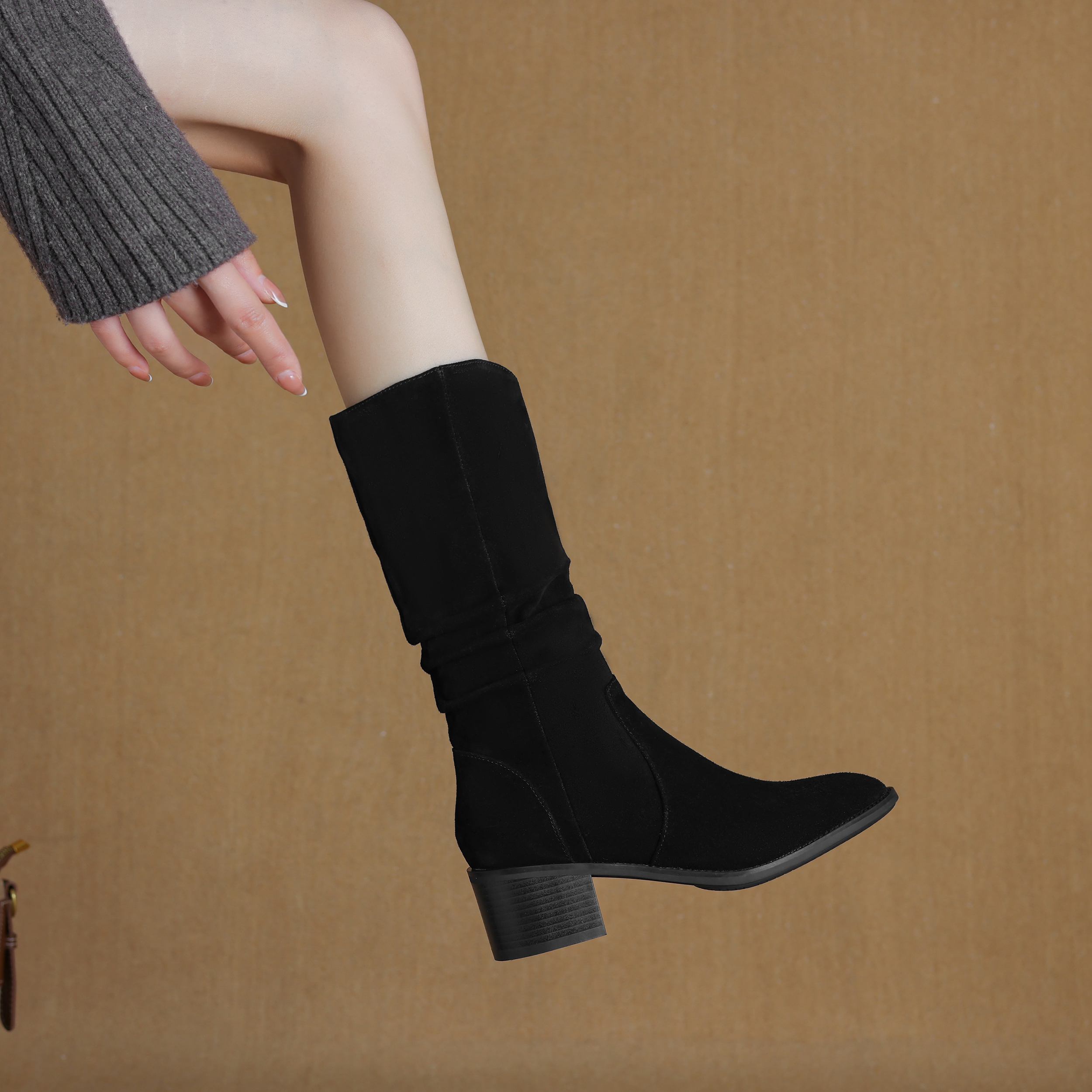 Krazing Pot Коровья замша Нубук Зимние Средний каблук Вестерн Сапоги Женские На молнии — фото 13