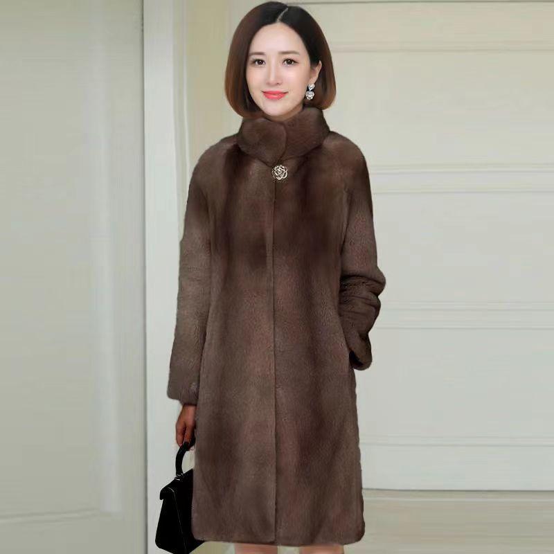 Autumn and Winter New Imitation Fur Coat Women's Medium and Long Imitation Mink Hair Mink Women's Clothing Thin Stand-up Collar Coat Medium and Old