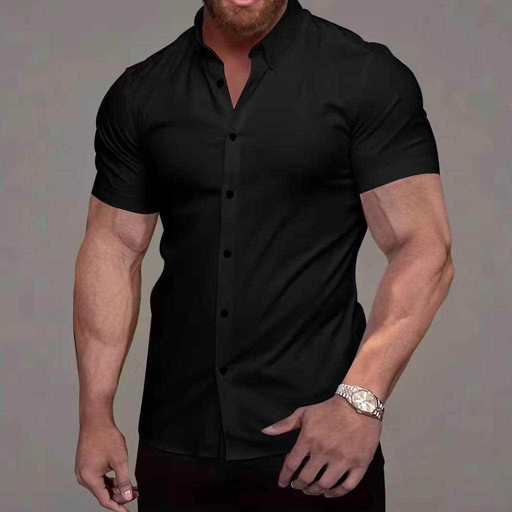 Men Summer Short Sleeve Pure Color Shirt Tops Men Clothes Business Casual Lapel Shirt Tops
