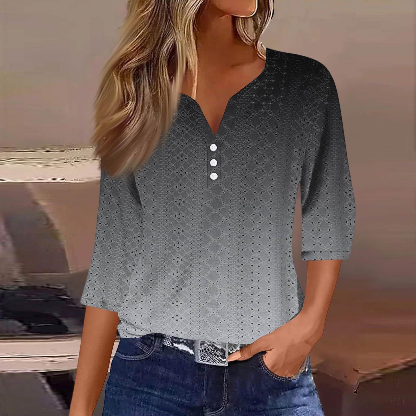 

Women s Fashion V-Neck Button Seven Sleeve T-Shirt Casual Gradient Printed Top S