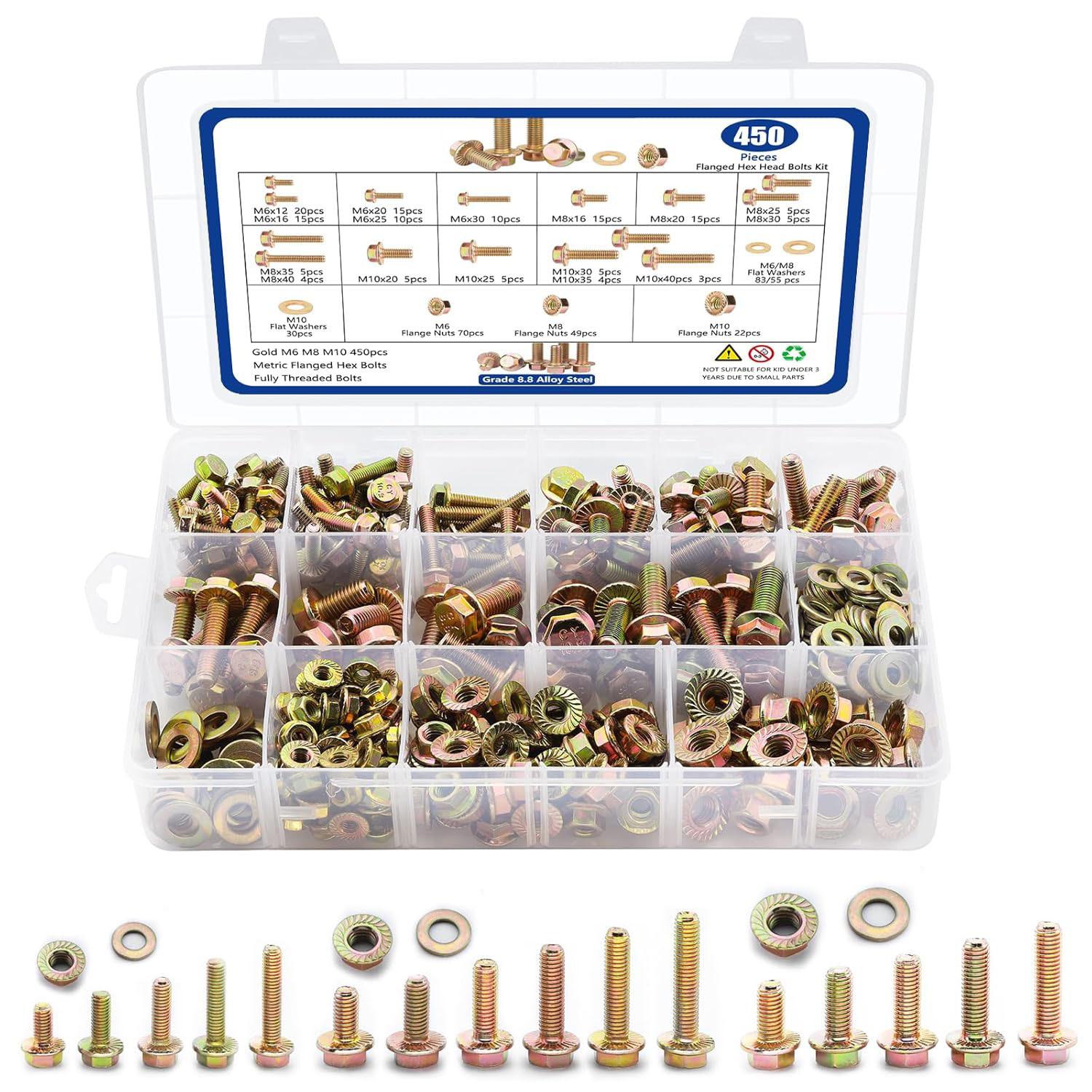 

450 шт. Цветной цинк Высокопрочный класс 8.8 Шестигранный фланцевый болт с плоской шайбой и гайкой 450Pcs Flange Bolt Set