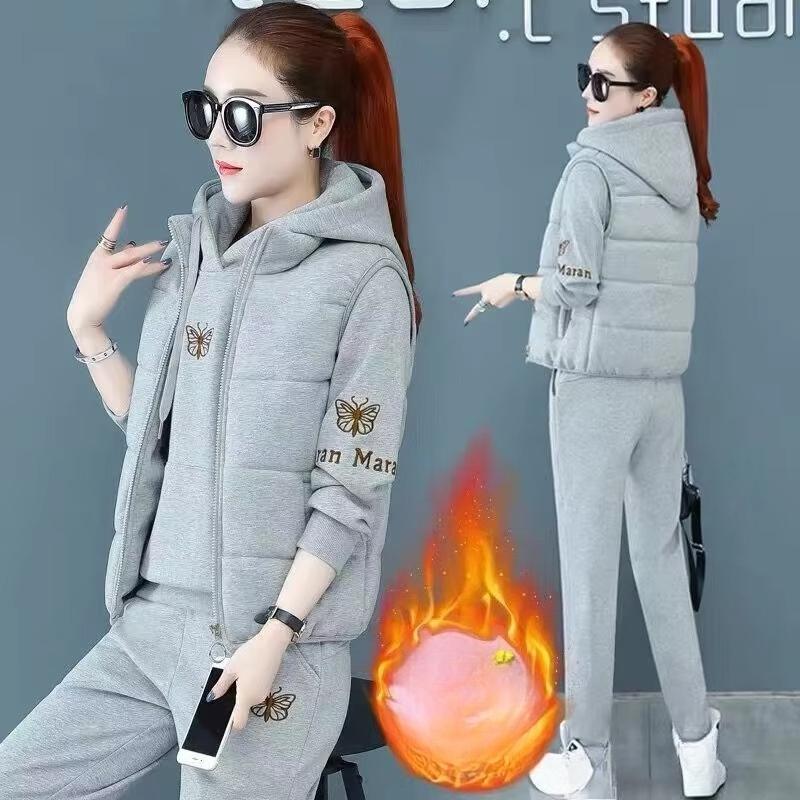 2 Pieces Women Sets Autumn Thickened Fleece Sportswear Vest+hoodies+pant Cold-proof Winter Coat Sets Women's Clothing