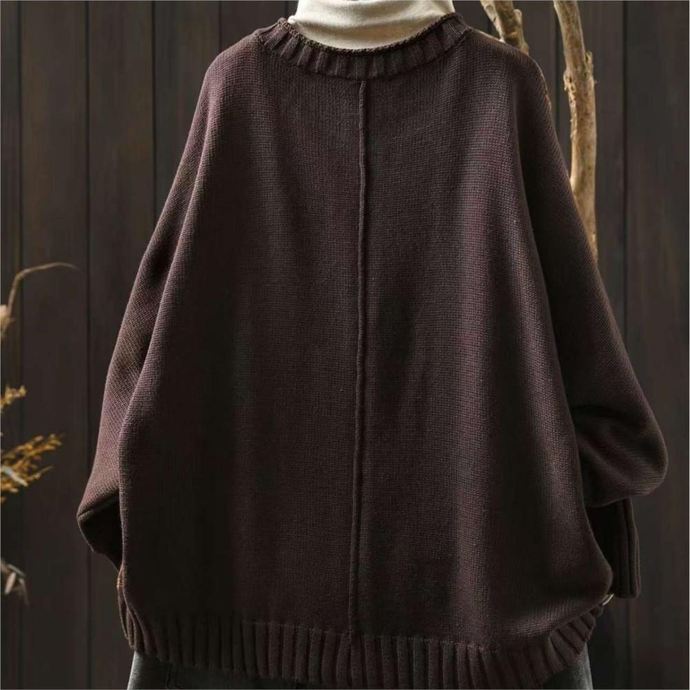 Johnature Vintage-Strickpullover für Damen mit Blumenmuster, Knöpfen, Rundhalsausschnitt und langen Ärmeln, Herbst-Freizeitpullover für Damen