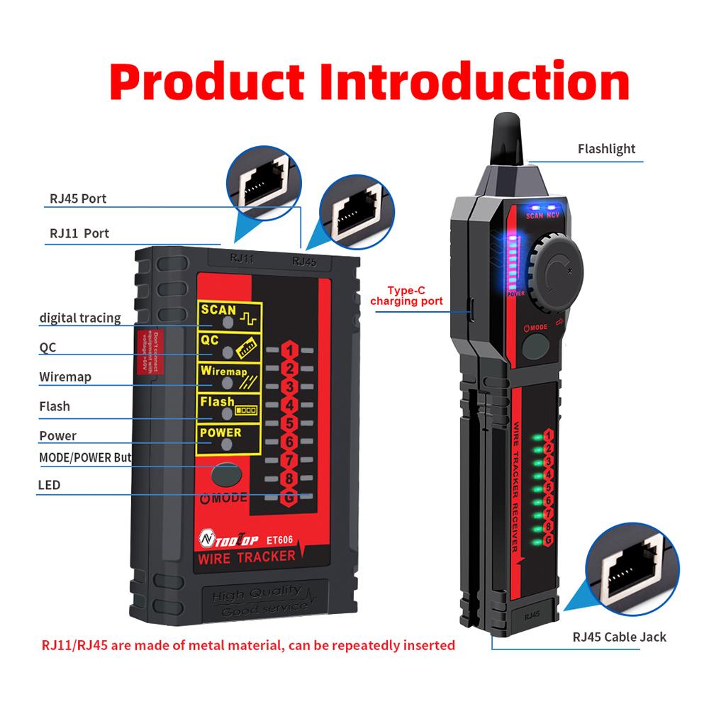 ET606 Cable Port Tester Handheld Network Cable Tester Cable Pairing Check Switch Flash POE Polarity