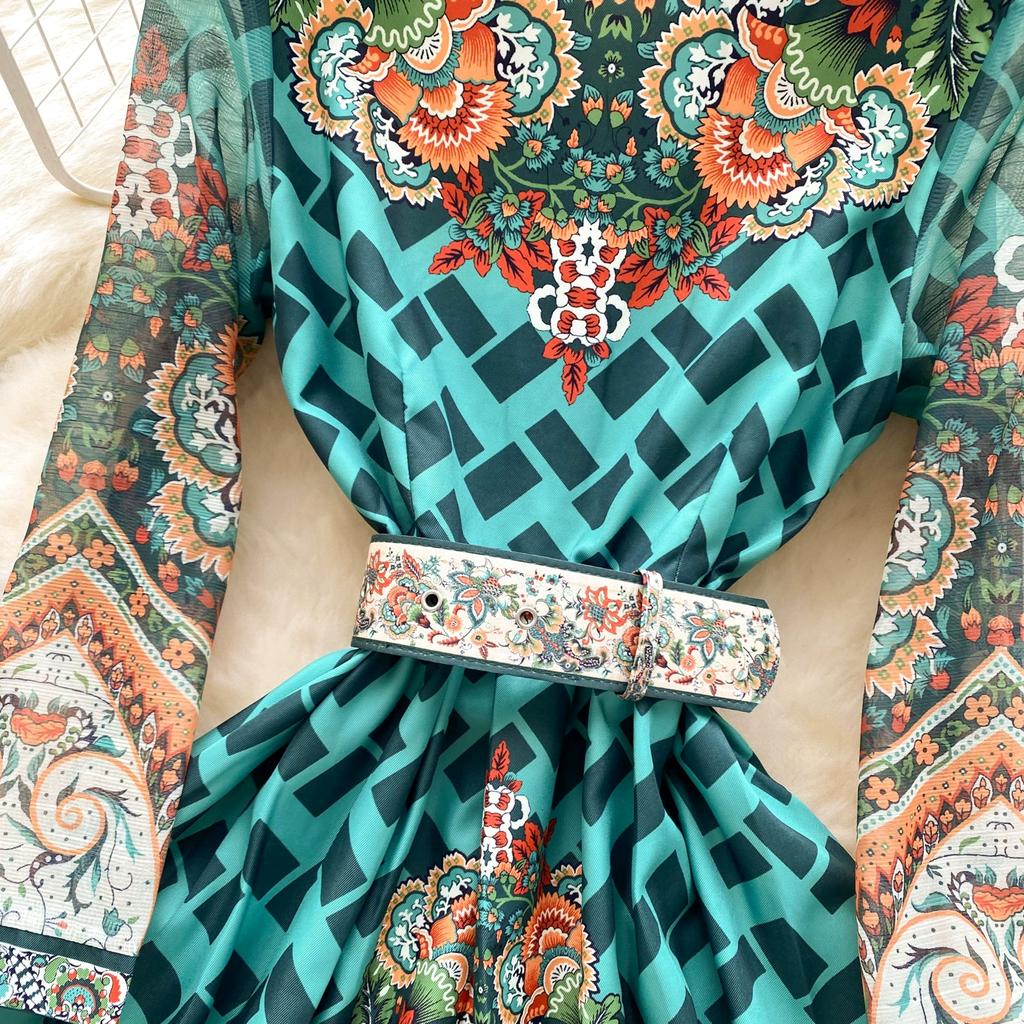 Spring Autumn Women Elegant Notched Collar Designer Print Single Breasted Long Maxi Holiday Party Blazer Dresses