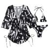 Women Three Piece Swimsuit Set Bikini Top with Removable Padding Triangle Bottom and Printed Beach Cover Up Dress Lightweight Swimwear