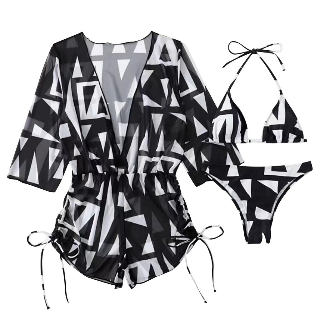 Women Three Piece Swimsuit Set Bikini Top with Removable Padding Triangle Bottom and Printed Beach Cover Up Dress Lightweight Swimwear