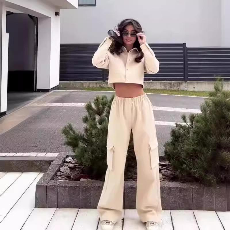 

2024 Осень Европейский и американский однотонный кроп-топ с лацканами и комплект брюк с высокой талией и широкими штанинами для женщин XL абрикосовый