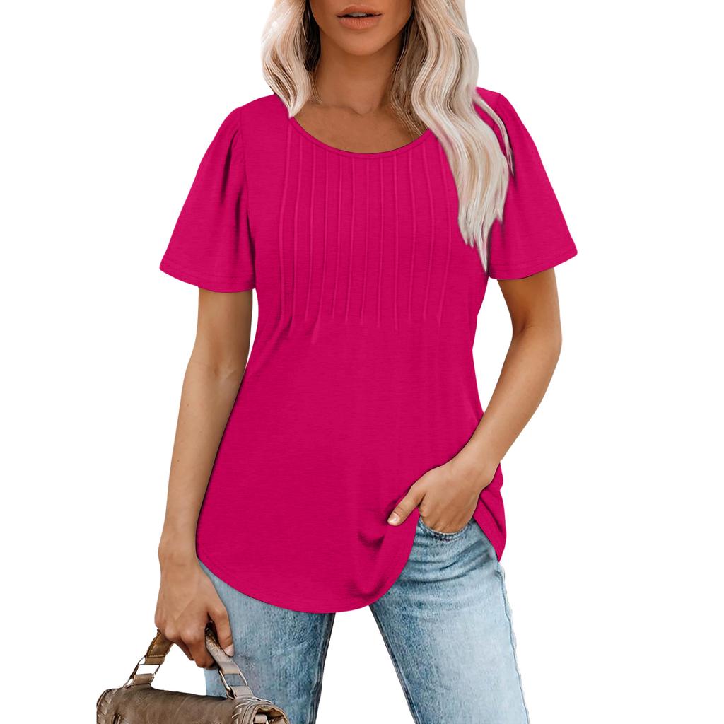 Women Short Sleeve Pleated T Shirt Casual Loose Fit Crew Neck Ruched Top Soft Lightweight Blouse for Daily Wear Office School