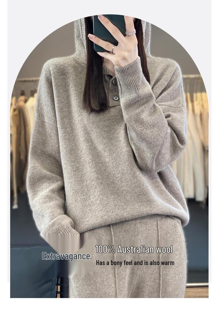 Women's Loose Cashmere Knit Hoodie Sweater Pullover