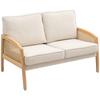 Sofá de 2 Lugares Estofado em Chenille com 2 Almofadas Laváveis e Braços de Rattan Sintético 123x75x88 cm Bege