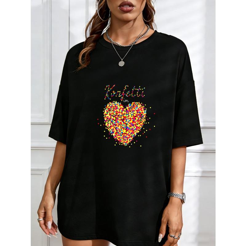 White T-Shirt With Confetti Heart Print And Text For Casual Wear