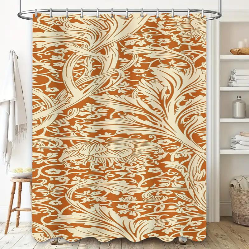 Vintage Floral Shower Curtain Waterproof Bathroom Decor Home Decoration Wall Hanging for Bathtub White on Rustic Orange