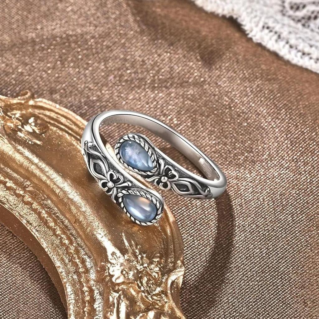 QIBAOKU Anello Retro Argento Pietra di Luna Moda Stile Vittoriano Rilievo Fiocco Anello Bosnia Regalo Regolabile