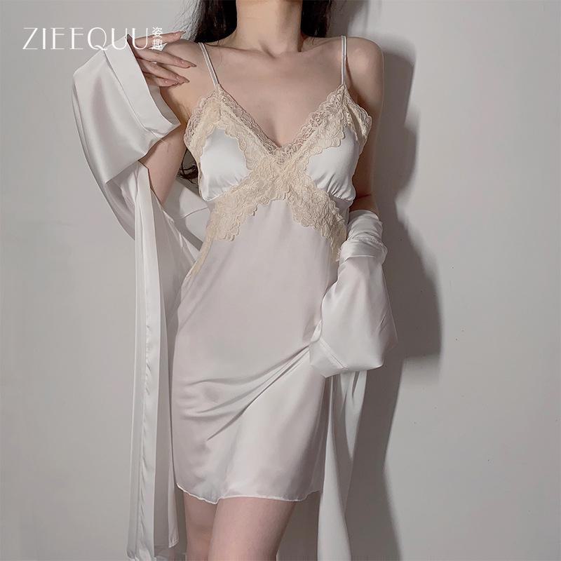 Satin V-Neck Suspender Nightdress with Chest Pads & Crisscross Back - Sexy Loungewear for Women