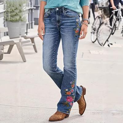 Calças Jeans Femininas Outono Cintura Alta Soltas Calças Jeans Streetwear Calças Jeans Bordadas Flores Vintage