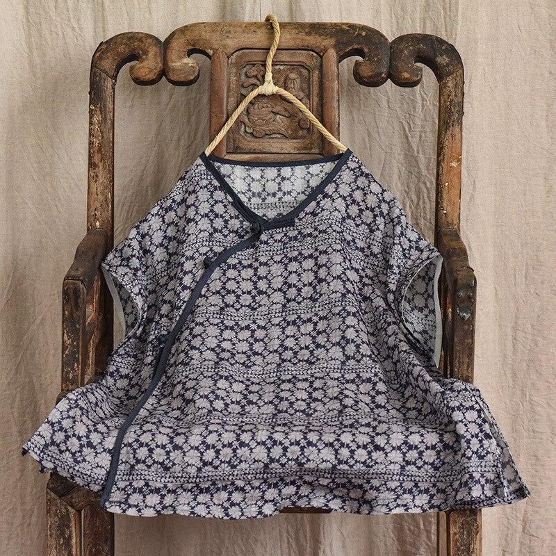 Johnature Women Shirts V-Neck Sleeveless Print Floral Loose Blouse Summer Button Chinese Style Vintage Shirts