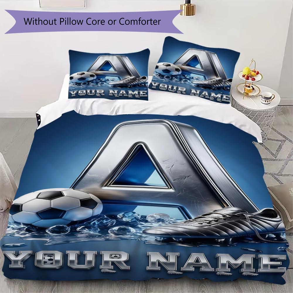 Custom Name Soccer Ball Neon Bedding,Quilt Set Quilt Cover Pillowcase Home Birthday Gift(1 * Duvet Cover + 2 * Pillowcase, Without Core)_lx