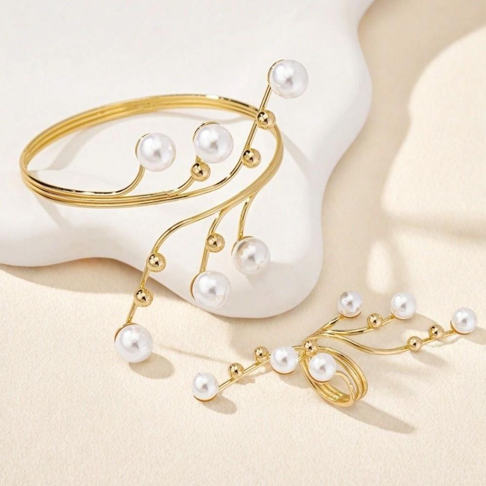 Imitation Pearl Bracelets Rings Set for Women Chunky Adjustable Fit Wrap Bracelets Ring Personality Advanced Irregular Bracelet