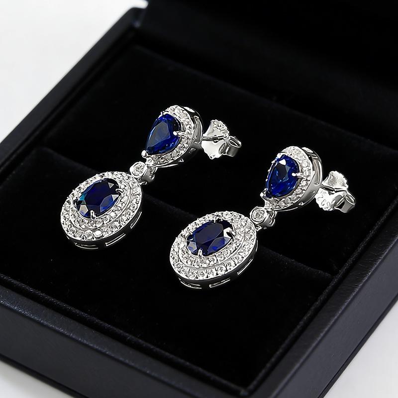 Luoxi Temple S925 Silver Pigeon Blood Red Blue Sapphire Earrings for Women - Pear-shaped Oval 5*7mm