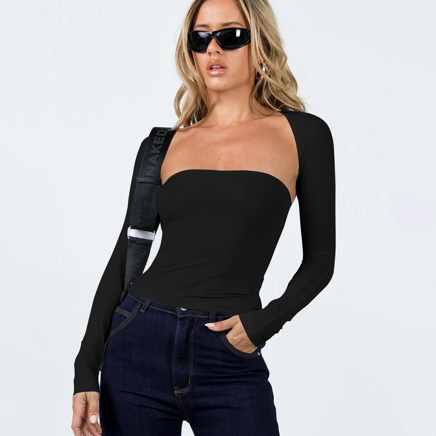 

Женские летние топы без рукавов, уличная одежда, тонкие облегающие футболки с длинными рукавами из двух предметов, укороченные топы, однотонные L чёрный