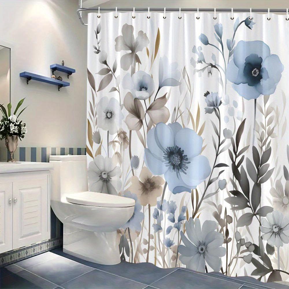 1 Elegant Blue And White Floral Shower Curtain - Polyester Fabric, Watercolor Style Delicate Blooming Flowers With Hook