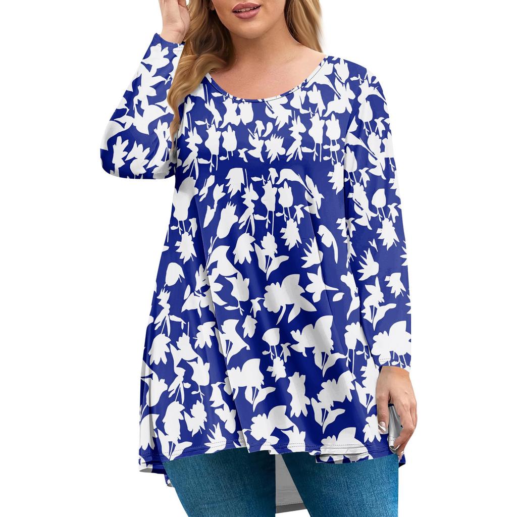 Women's Plus Size Top, Garden Collar Long Sleeved Shirt, Fashionable Floral Print Casual Top