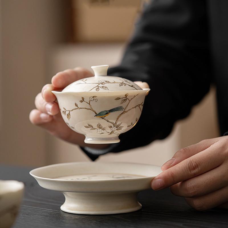 100ml Čínský ručně malovaný květinový a ptačí keramický gaiwan, ručně vyráběná porcelánová čajová miska, domácí čajová miska, cestovní přenosná čajová souprava