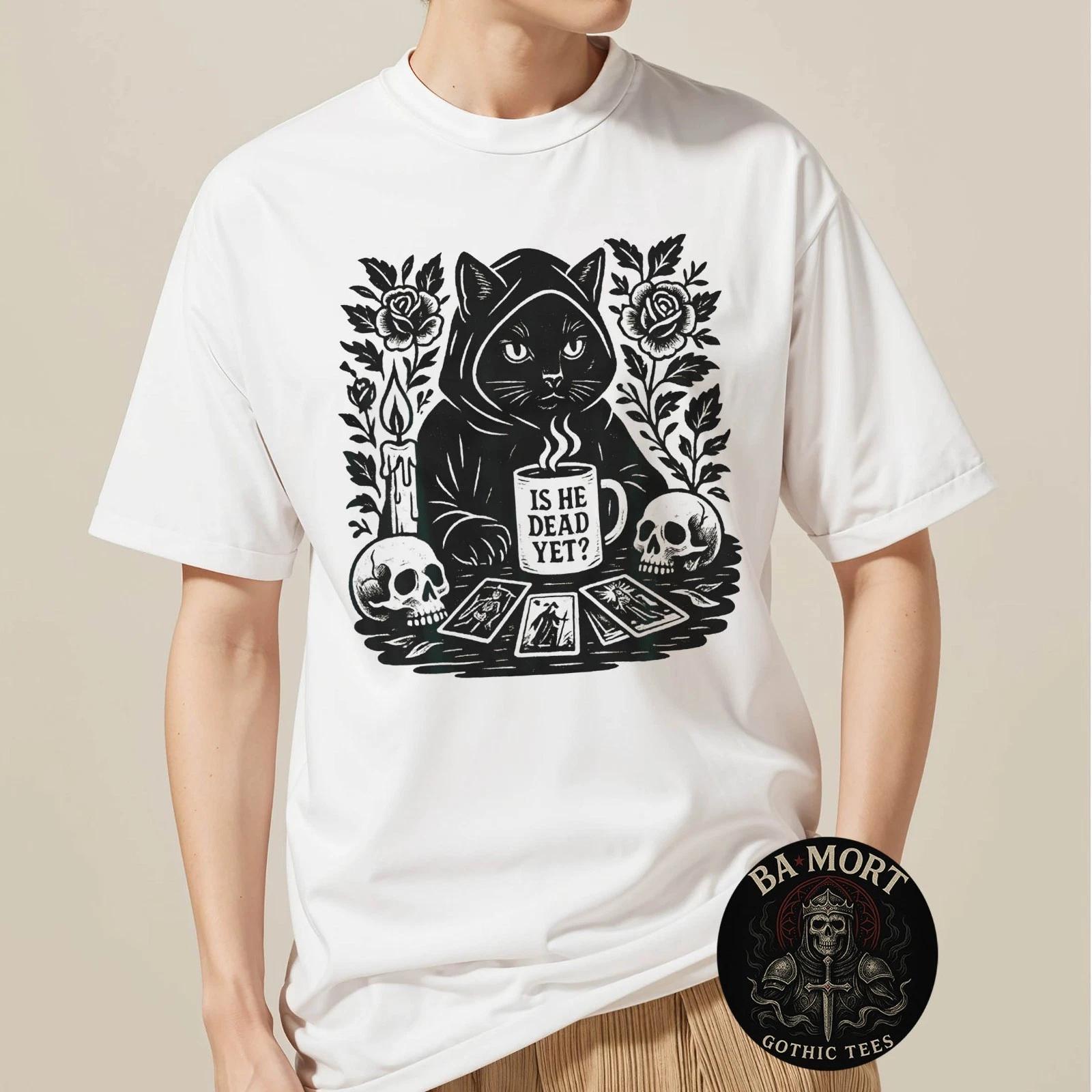 Is He Vintage Dead Yet Dark Humor Gothic Coffee Ritual Cat T-Shirt 3XL