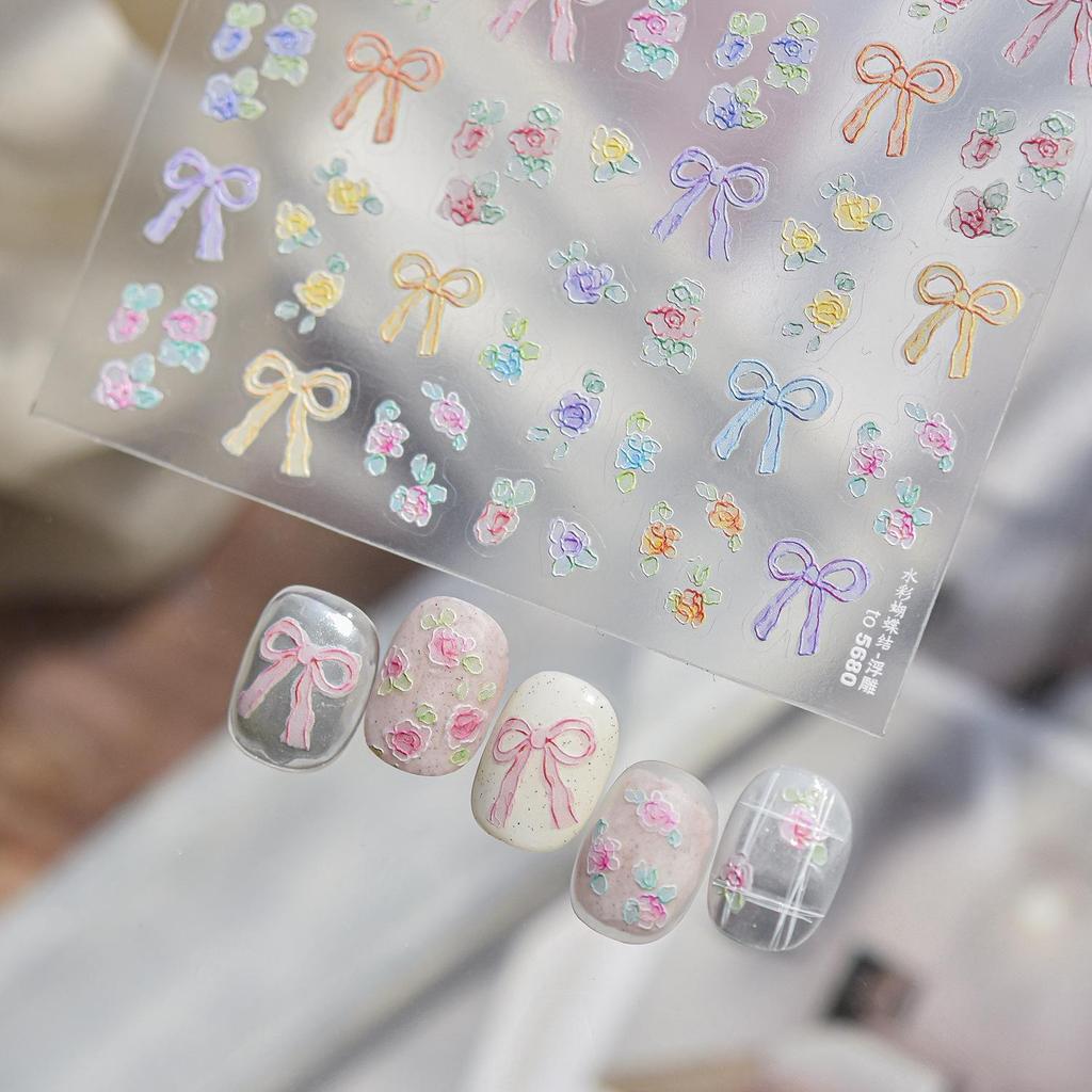 Tomoni Flexible Fresh-Style Watercolor Bow Nail Stickers - Exquisite Thin Nail Art Decorations