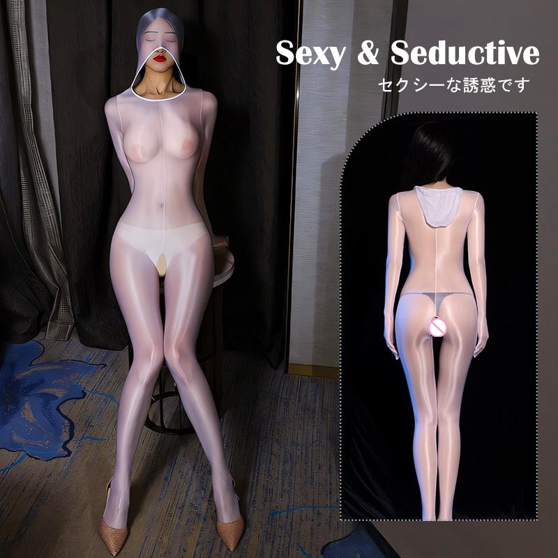 Sexy Öl Glänzende Ganzkörperstrümpfe Frauen Durchsichtiger Bodysuit-Overall mit offenem Schritt Trikot Catsuit Sex-Porno-Kleidung für Erwachsene