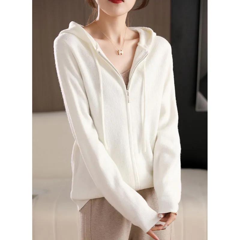 Hooded Sweater Jacket Women's Spring Autumn Winter Models Double Zipper Loose and Thin Sweater Korean Version of The Simple Temperament Top Cardigan