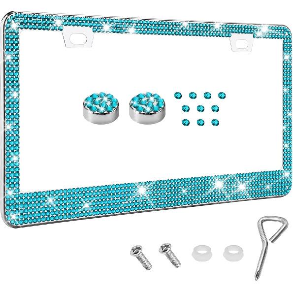 Bling License Plate Frame for Women, License Plate Holder, Sparkly Rhinestone Diamond Tag Holder Frames with Crystal Screws Caps, Stainless Steel