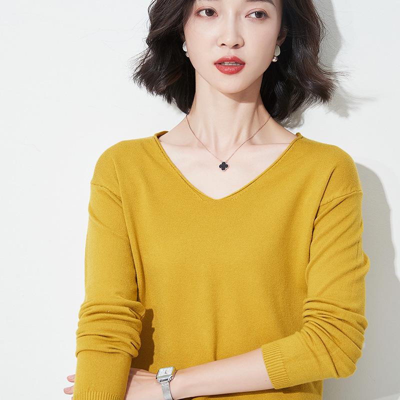 Autumn/Winter Women's Wool Sweater: Round & V-Neck, Rolled Edge, Long Sleeve, Thin Knit Top