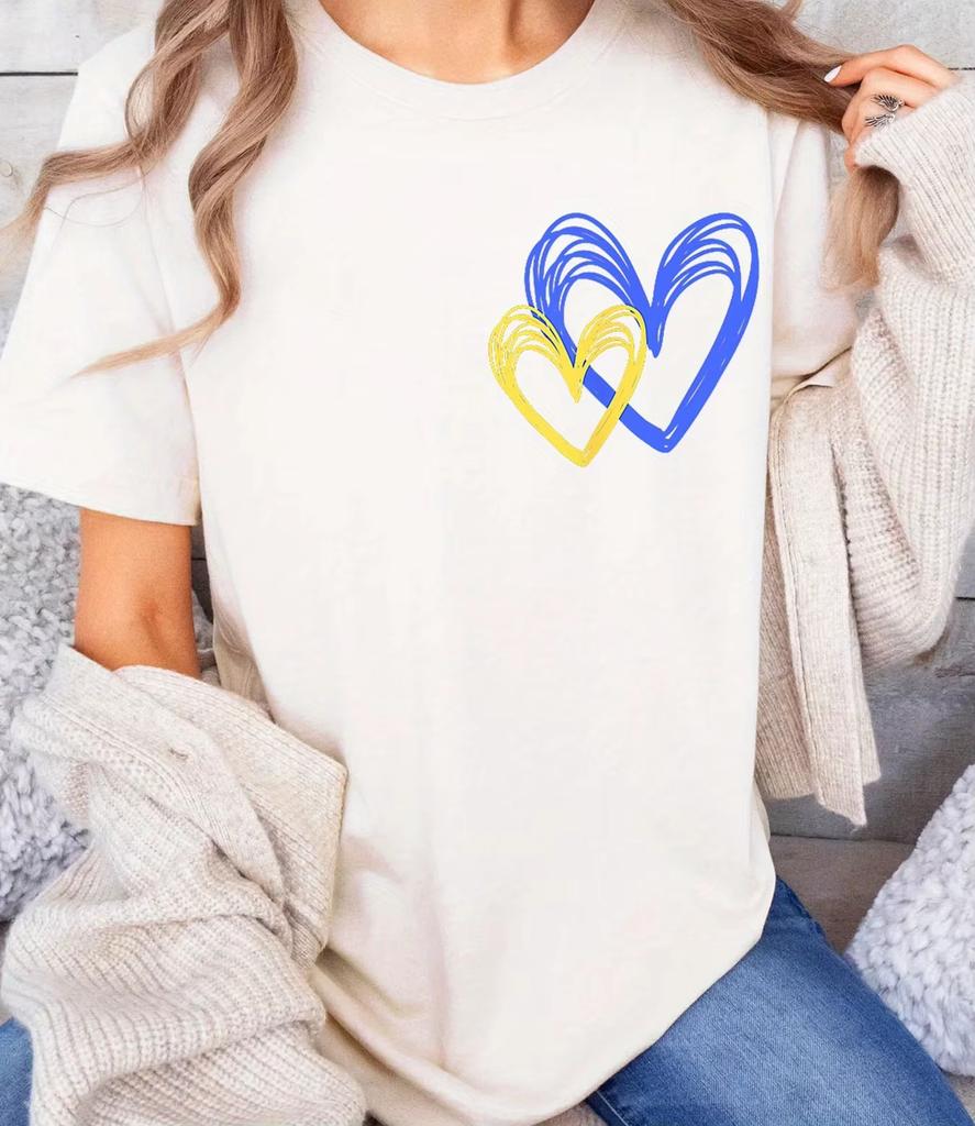 Womens Ukrainian Love Heart Print TShirt with Yellow Blue Hearts Short Sleeve Crew Neck Casual Top Summer Comfortable Fit Shirt