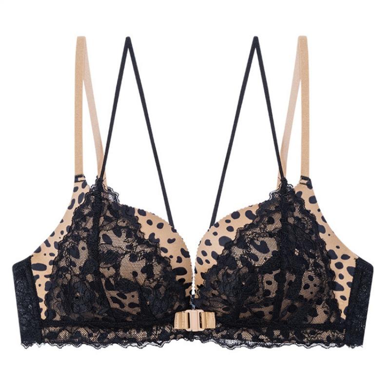 No-rim Sexy Leopard Print Bra Front Clasp Beautiful Back Comfortable Lace Underwear Set