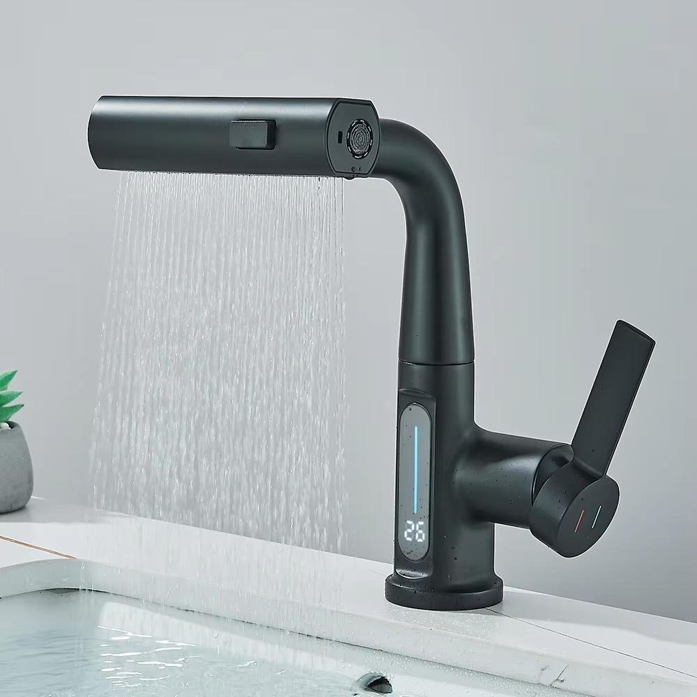 

Вытягивающий подъемный цифровой дисплей кран для ванной комнаты Smart Temp Tap 360 вращающийся кран 3Sprayer экономия воды кран для умывальника горячей и холодной воды
