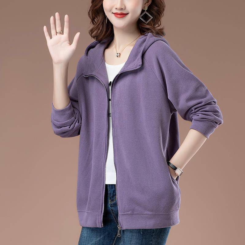 Women's Plus Size Hooded Sweatshirt - Spring/Autumn Medium-Aged Mother Loose Zipper Top with Velvet Lining